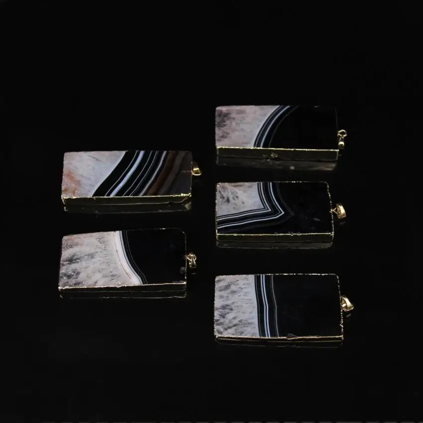 

5pcs,Natural Black White Agates Long Slice Pendants,Gold edged Raw Druzy Drusy Onyx Rectangle Slab Pendant Charms Necklace