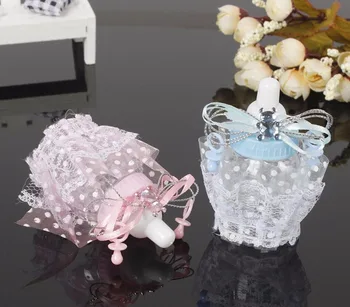 

48pcs Plastic Blue/Pink Lace Feeder Feeding Bottle Candy Chocolate Box Boxes For Wedding Party Birthday Baby Shower Favors Gifts