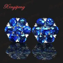 18 К белого золота с натуральным сапфиром заклепки серьги синий цвет огня Fine Jewelry контракт форма цветка