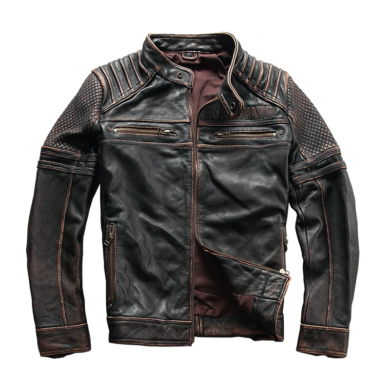 Vintage Brown Винтаж коричневый Для мужчин Slim Fit Байкерская кожаная куртка плюс Размеры XXXL натуральной коровьей весенние короткие мотоциклетные кожаные пальто - Цвет: Vintage Brown