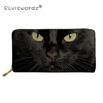 

ELVISWORDS Long Purse Women Black Cat Printed Wallets Ladies Coin Change Pocket for Females Fashion Card Holders Money Bag Cute