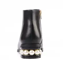 2017 New hot women winter boots brand shoes pearl heel genuine leather round toe zip med heel ankle boots high quality
