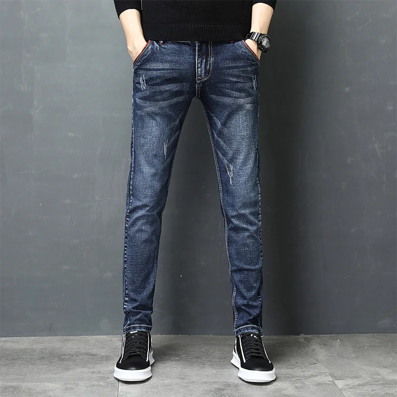 Стрейчевые обтягивающие джинсы, Мужские повседневные джинсы, мужские облегающие хлопковые качественные джинсы, синие брюки