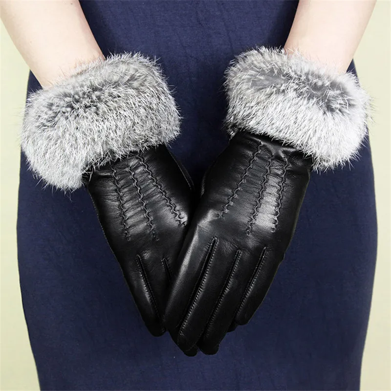 Women's Sheepskin Gloves Genuine Leather Fashion Wrist Rabbit Hair Driving Gloves Winter Keep Warm Plus Velvet WF1605