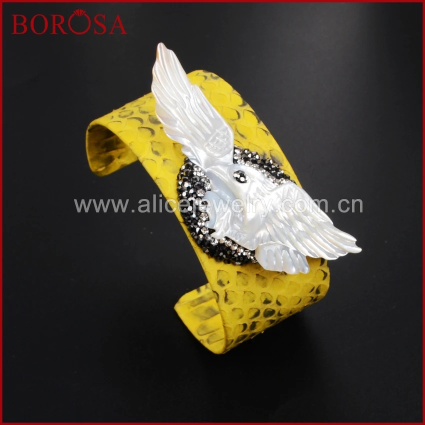 Snake Skin Rhinestone Pave Delicate Cuff Bangle White Shell Eagle Paved