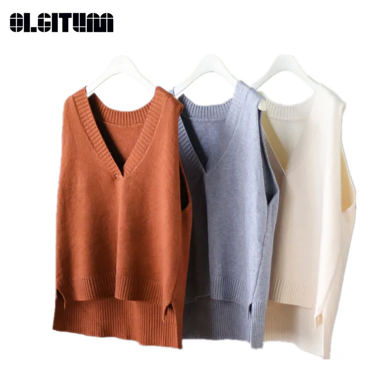 

Spring Knit Vest Loose Teenager Girls Pullovers Casual Women's Sweater Vest V-neck Solid Female Vests VE099