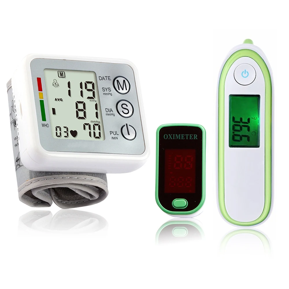 

Medical Equipment Fingertip Pulse Oximeter Wrist Blood Pressure Monitor Infrared Body Thermometer Set Household Health Monitors