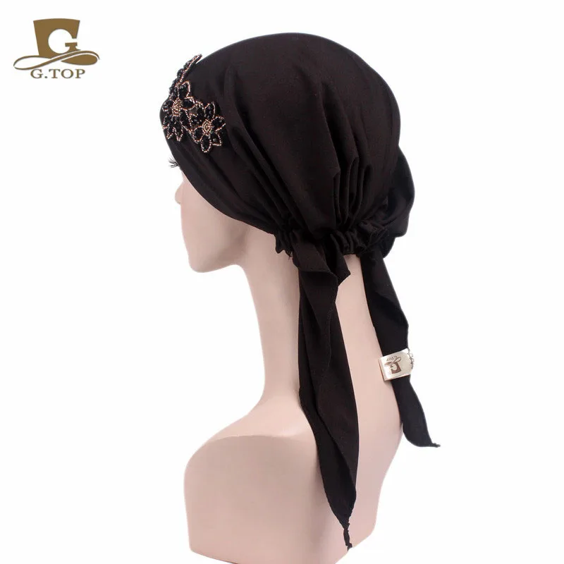 Новая мода, вышитый бисером цветок, эластичный предварительно завязанный головной платок, шарфы, кепка chemo, Женская тюрбан, бандана для выпадения волос, Женский тюрбан