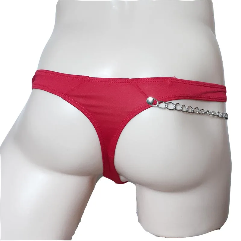 Men Wet Look PVC Leather Chained G-string Lingerie Briefs Thong Underwear Clubwear Fetish Wear Under Pants Outfit