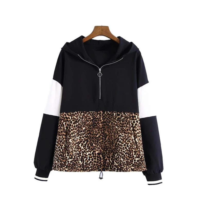 

Women-s Fashion Patchwork Short Jackets Ladies Hooded Leopard Active Wear Woman Coats Girls Animal Print Running Outerwear Sets