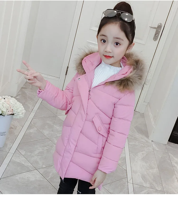 New 2018 Children Outwear Tops Winter Jacket For Girls Fashion Fur Hooded Thick Cotton-Padded Kids Long Coat Solid Parka Clothes (19)