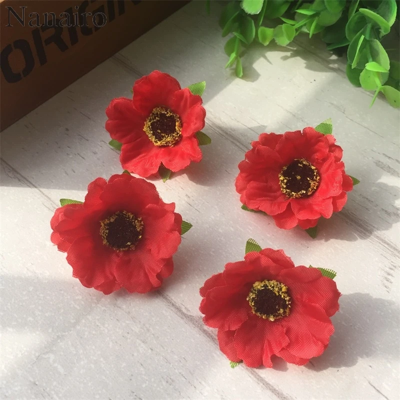 100pcs/lot 4Cm Mini Silk Cherry Blossoms Small Artificial  Rose Flowers Heads Poppy Wreath Wedding Decoration For Scrapbooking