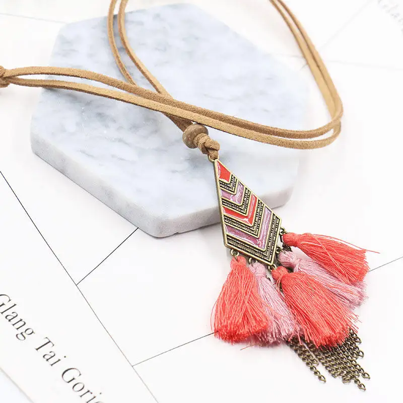 

Fashion Style Women Pendant Necklace Tassel Rope Choker Necklace Pink Black Long Collar Choker Bohemia Chain Square Gift HHN11