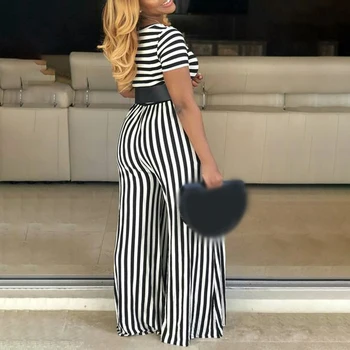 

Women Summer Striped Jumpsuit Clubwear Loose Wide Leg Pant Short Sleeve Playsuit