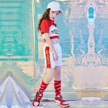 

Children Jazz Dance Costumes Girls Top And Red Shorts Suit Hip Hop Clothing Kids Street Dancing Clothes Stage Show WearDQS1526