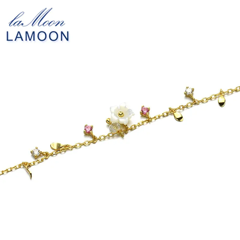 LAMOON Bracelet For Women 100% Natural Gemstone Red Corundum Shell Flower 925 Sterling Silver Jewelry Charm Fine Jewelry LMHI056