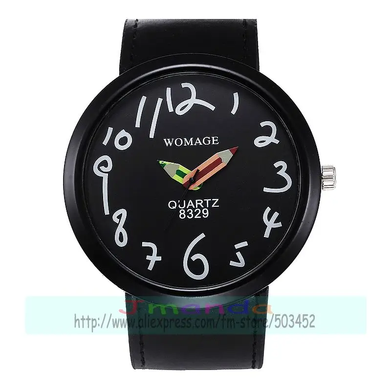 100 шт Womage-8329 модные часы с большим циферблатом, кожаный указатель, парные цветные кварцевые часы с номером, супер продавец - Цвет: black black dial