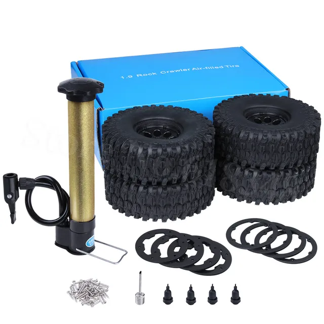Cheap 4PCS 1.9"/120mm Air Pneumatic Beadlock Wheel Rims & Tires Tyre Inflator Pump For 1/10  RC Rock Crawler Truck Car Accessories