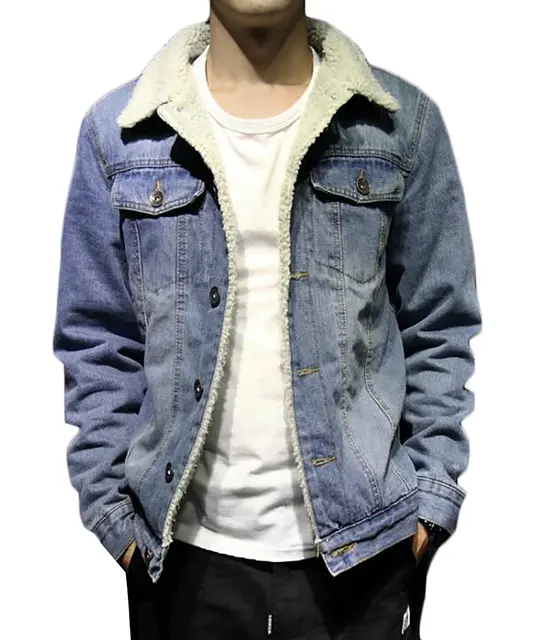 Mens Lambs Wool Lined Denim Jacket Thicken Slim Jean Coat Fleece Lined