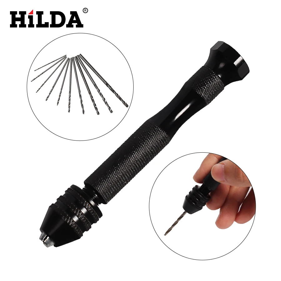 

HILDA 0.3-3.2mm Mini Manual Aluminum Hand Drill Chuck Twsit Micro Drill Bit Tool+10PCS Twist Drill Bits