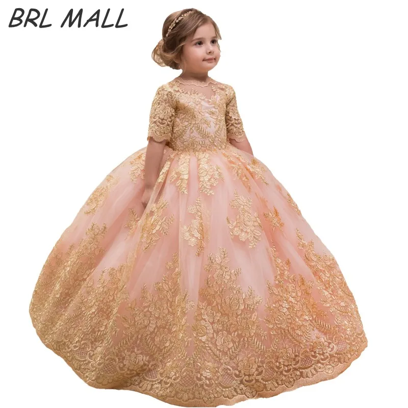 2019 милый розовый цветок девочки платья с короткими рукавами золотые кружева аппликации пышные платья для девочек с бантом платье vestido de daminha