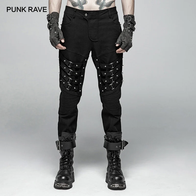 Панк рейв мужские панк тяжелый металлический наконечник Рив черные брюки готический производительность личности брюки Харадзюку Мужская Уличная одежда - Цвет: Black WK-357