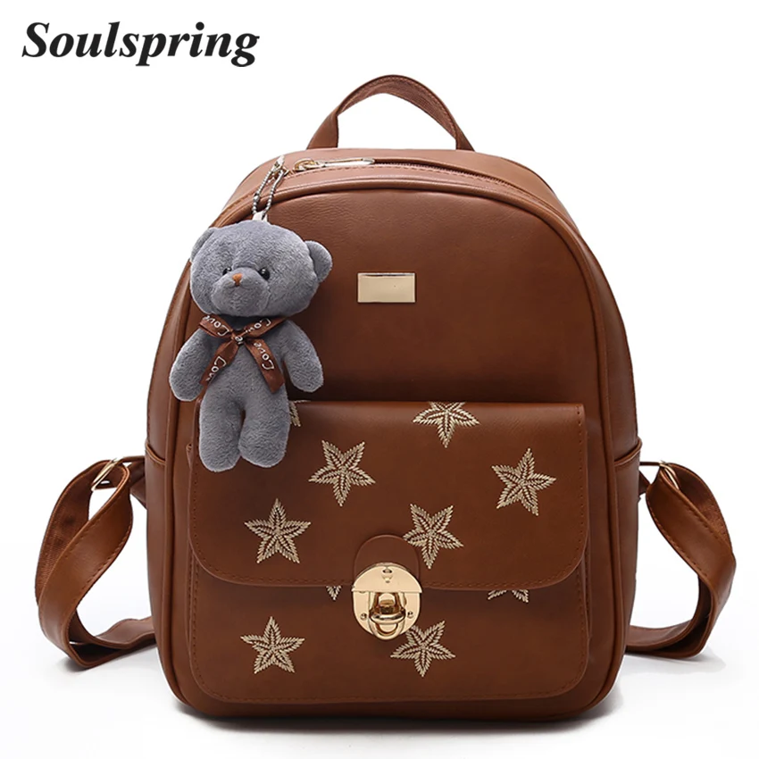New Lock Backpacks For Teenage Girls Embroidery Pu Leather Backpack
