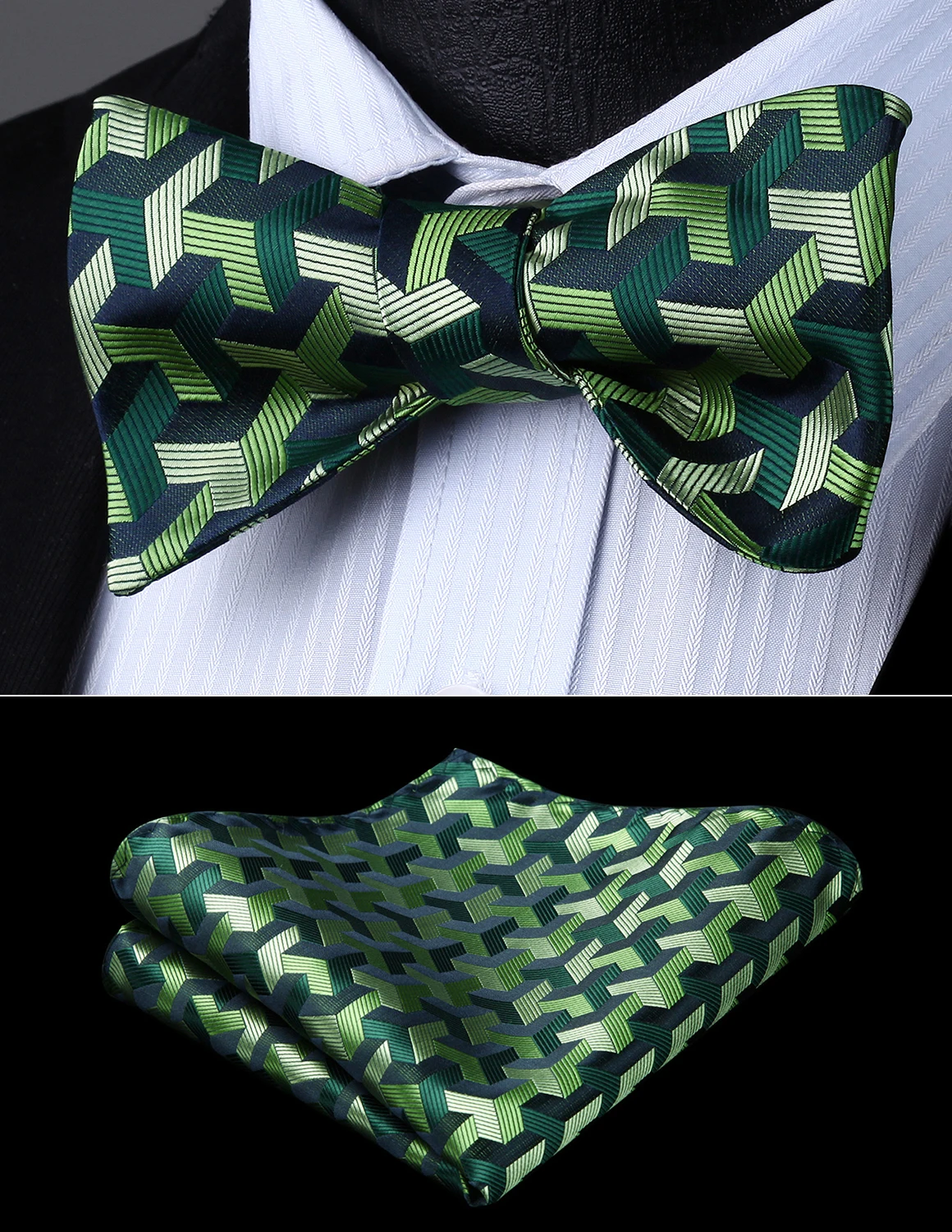 Bow Tie handkerchief set Men Woven Party Wedding Green Geometric Self
