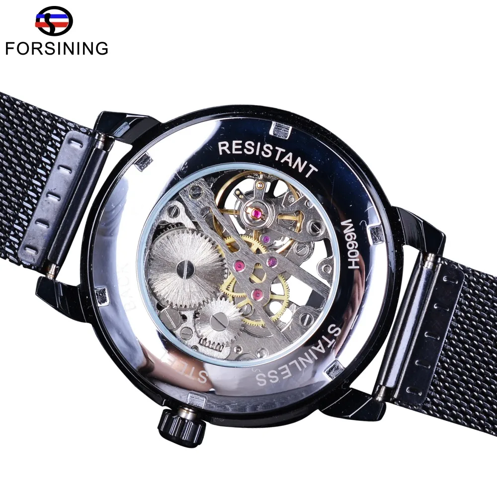 Black Stainless Steel Street Series Open Work Skeleton Mens Mechanical Wrist Watch for Forsining