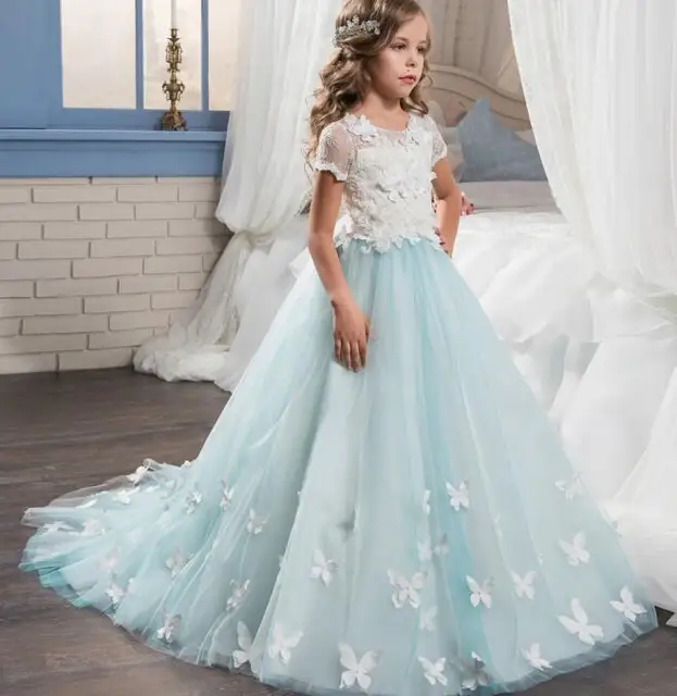 New tulle lace blue baby bridesmaid flower girl wedding dress fluffy