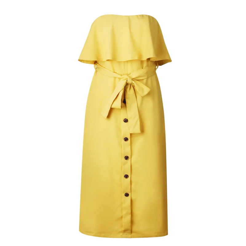 Qunndy Boho Style Off Shoulder Off Ruffles Dresses Women Beach Summer Sashes Button Dress Vestido Bandage Female Party Dress (5)