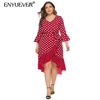 

Enyuever Red Polka Dot Vintage Dress Women Summer Irregular Hem Ruffles Sleeve Vestido Casual Plus Size Party Dress Streetwear