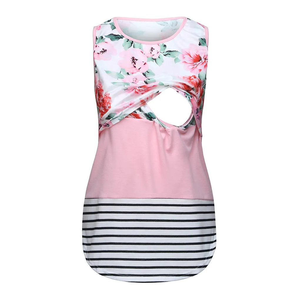 LONSANT Maternity Sleeveless Tops Breastfeeding Floral Stripe patchwork Vest Women Nursing Baby T-shirt casual Maternity clothes
