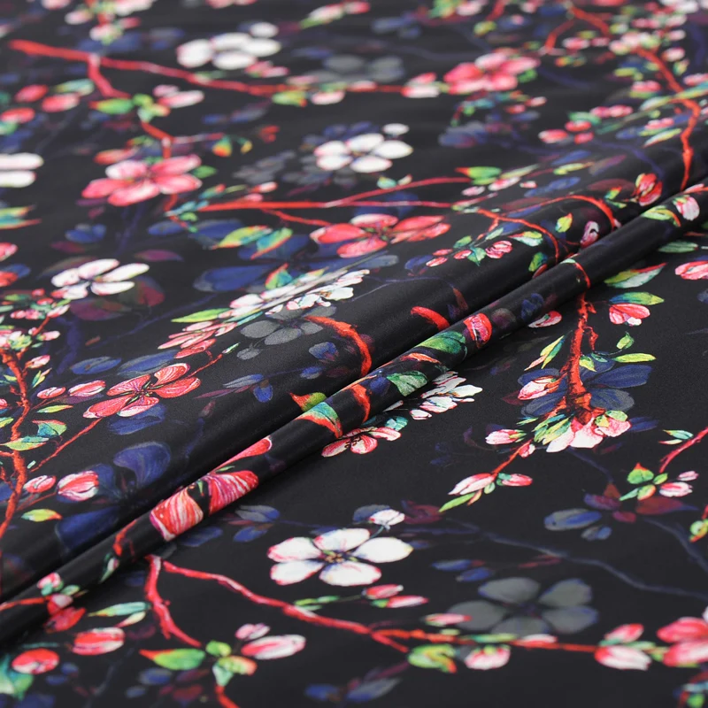 

110CM Wide 30MM Colorful Floral Print Stretch Black Silk Crepe Fabric Good for Spring Summer Dress Skirt Shirt Pants J197