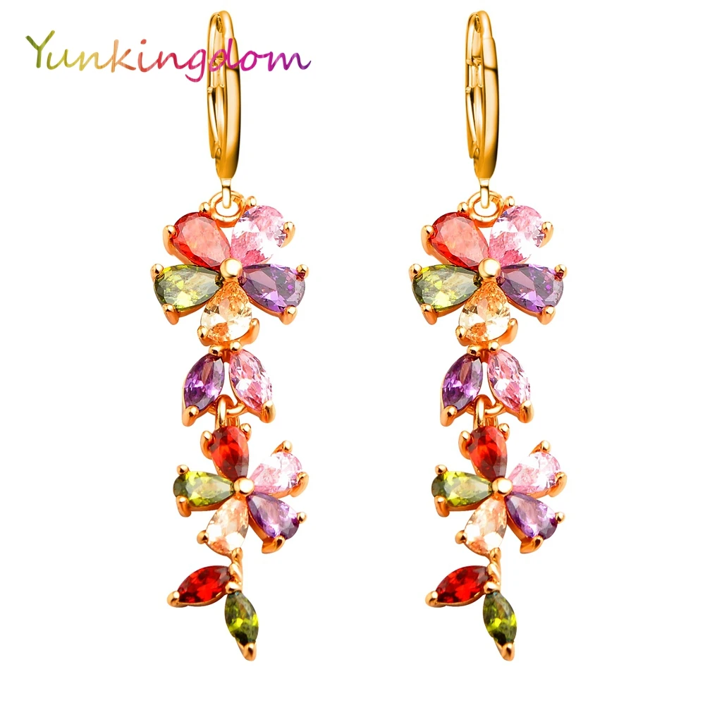 

Yunkingdom colorful crystal zircon flower long earring fashion party dangle earrings for women jewelry gift ALP0130
