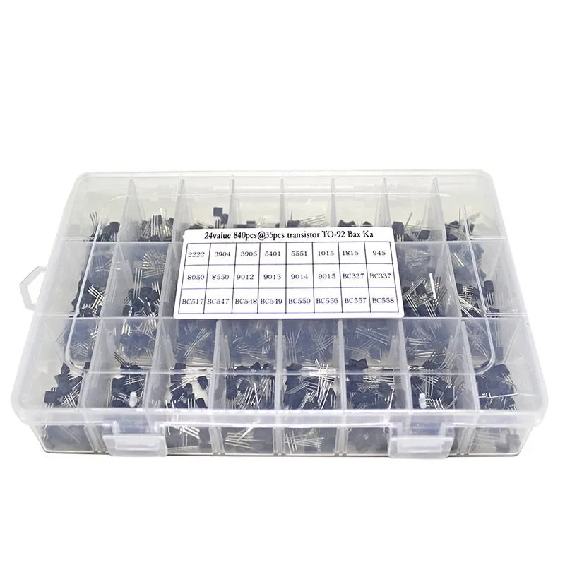

840pcs/set 24Values TO-92 Transistor Assortment Kit BC327 BC337 BC547 transistor 2N2222 3904 3906 C945 PNP/NPN transistors pack