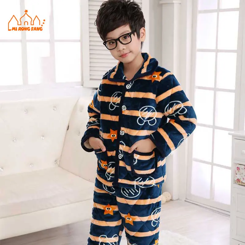 New Winter Warm Boys Pajamas Sets Kids Flannel Turn Down Collar