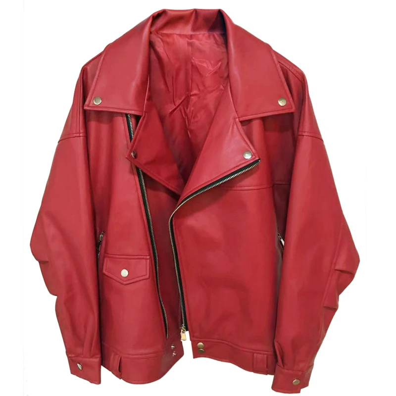 

Girlfriend Oversized Faux Leather Jackets Women Red Overcoat Spring Loose Fit Automotive Biker Leather Jacket Coat Woman A597