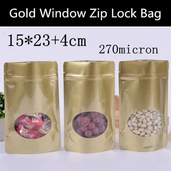 

Wholesale 100pcs 15cm x 23cm 270mic Gold Plastic Oval Window Bag Stand Up Zip Lock Bag Plastic Zip Bag