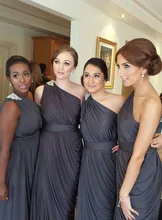 Gray 2017 Sheath One-shoulder Floor Length Satin Pleated Long Bridesmaid Dresses Cheap Under 50 Wedding Party Dresses