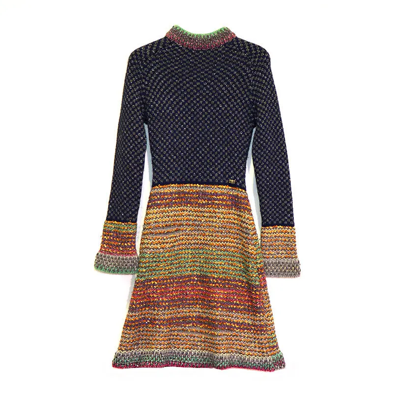 Фабрика в разноцветную полоску с высоким воротником вязаное платье для женщин Градиент рукав «фонарик» Яркий шелковый вязаное платье wq1670