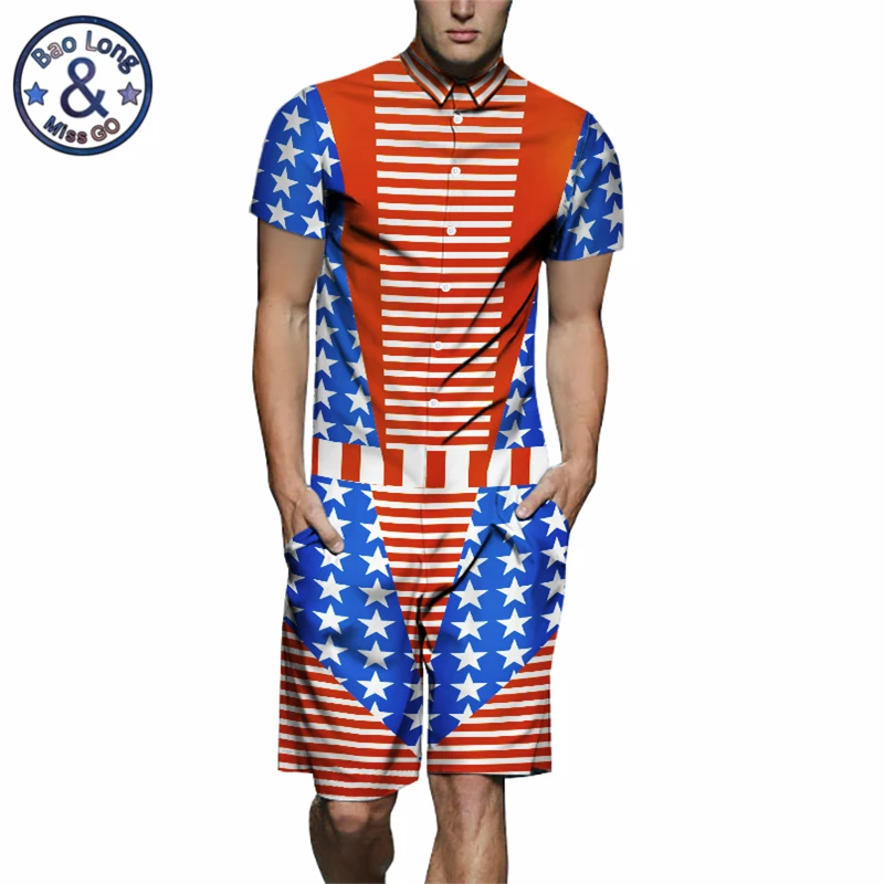 Американский флаг 3D принт звезда мужские комбинезоны короткий рукав рубашка