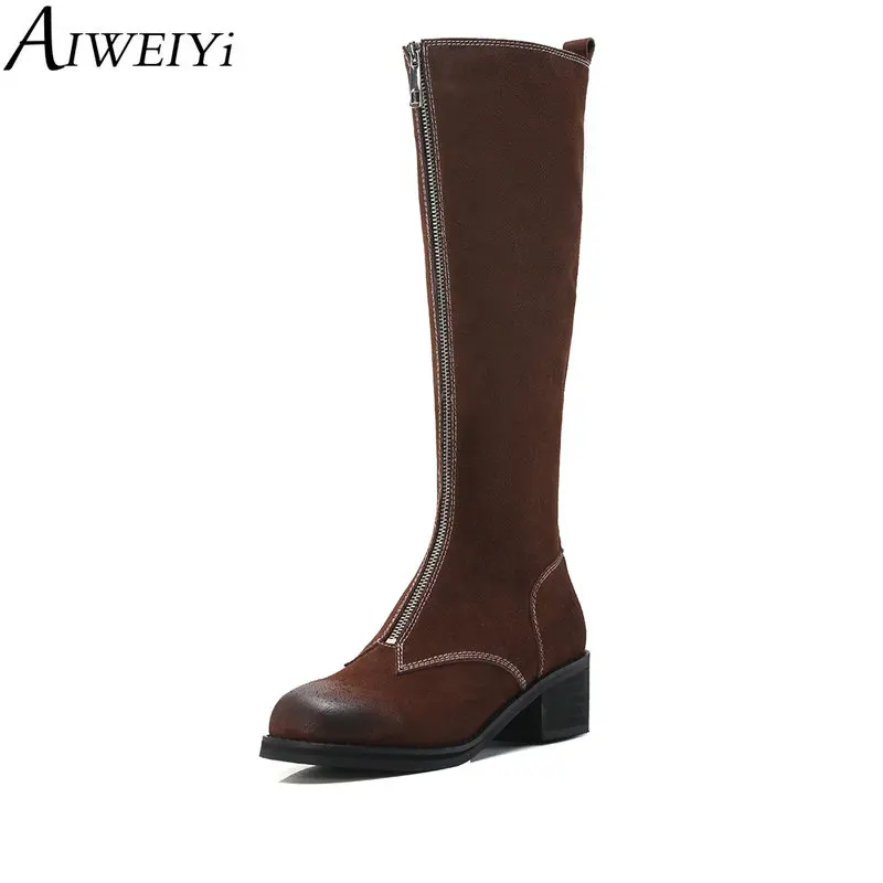 Mujeres Invierno Black Cremallera Redonda Del Tacones Dedo De Altas Las Aiweiyi brown Para Frontal Rodilla Botas Negro Gruesos Pie Med Martin Z0xnqHUCw