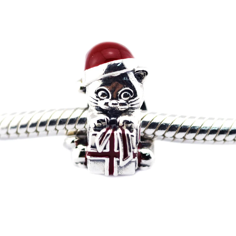 

Christmas Kitten Berry Red Enamel With Present Beads Fit Brand Bracelet Cat Charms Sterling-Silver-Jewelry Beads DIY Wholesale