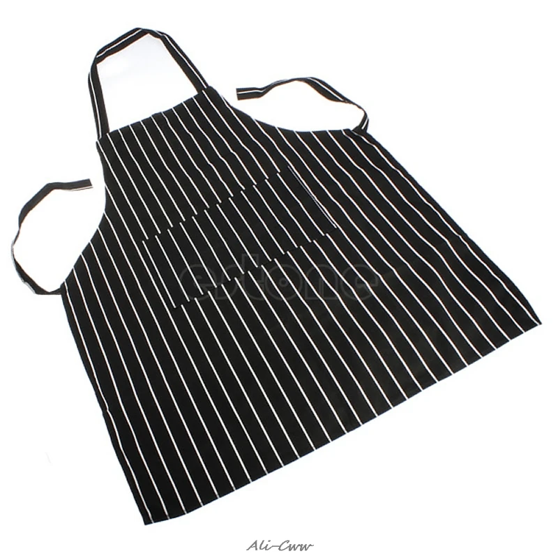 

Adjustable Black Stripe Bib Apron Waiter Chef Cook Kitchen Tool with 2 Pockets