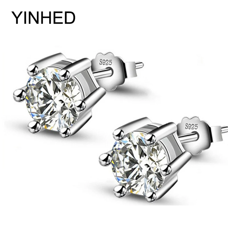 

YINHED Heart and Arrows 6mm CZ Diamant Stud Earrings for Women Real 925 Sterling Silver Wedding Jewelry Earrings Wholesale ZE007