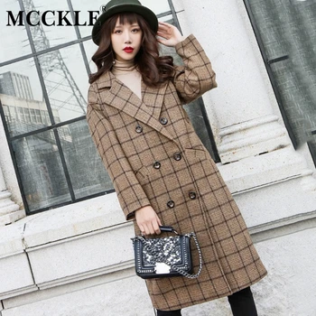 

MCCKLE Women's Turn Down Collar Plaid Wool Blends 2018 Autumn Winter Double Breasted Overcoat Fashion Medium Long Female Coats
