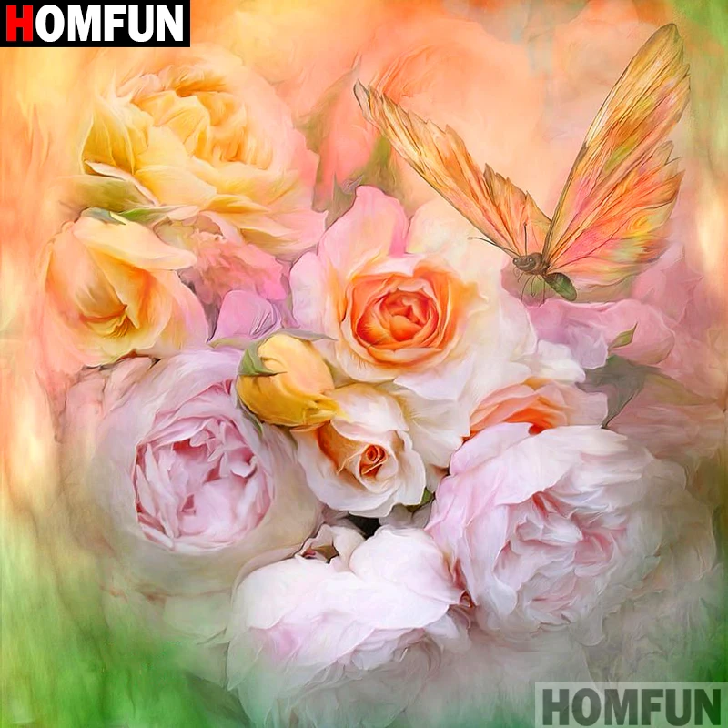 Алмазная 5D Вышивка HOMFUN A15430 Цветы и бабочки картина из квадратных/круглых страз