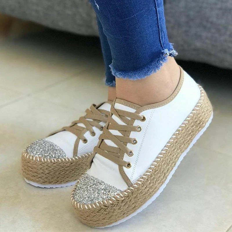 Women Canvas Shoes Women Casual Hemp Thick Bottom Flats Lace-up Fashion Ladies Autumn Bling Vulcanized Shoes White Sneakers