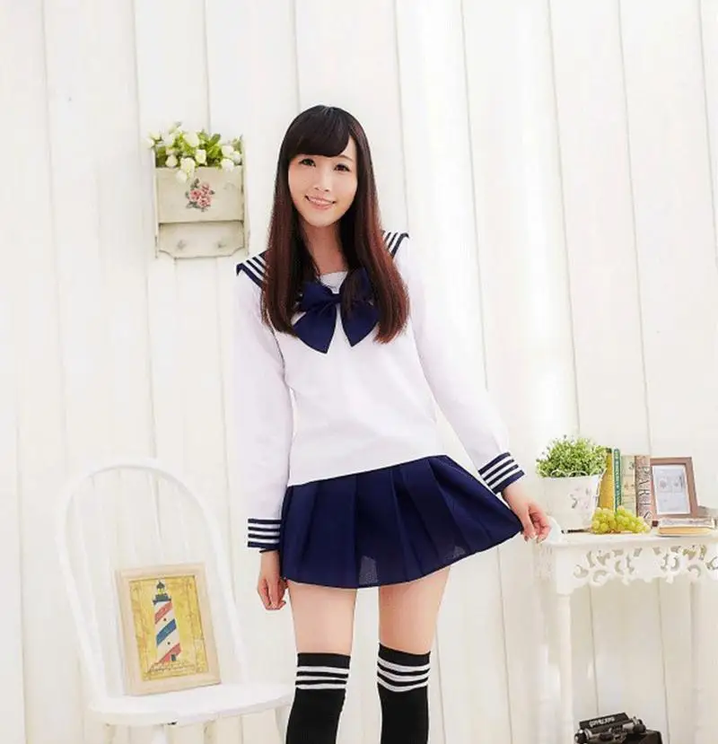 Korean Version Cosplay Costume Sailor Collar School Uniform Set With Bowknot Super Stretch  Girls Cotton Pleated Skirt 1
